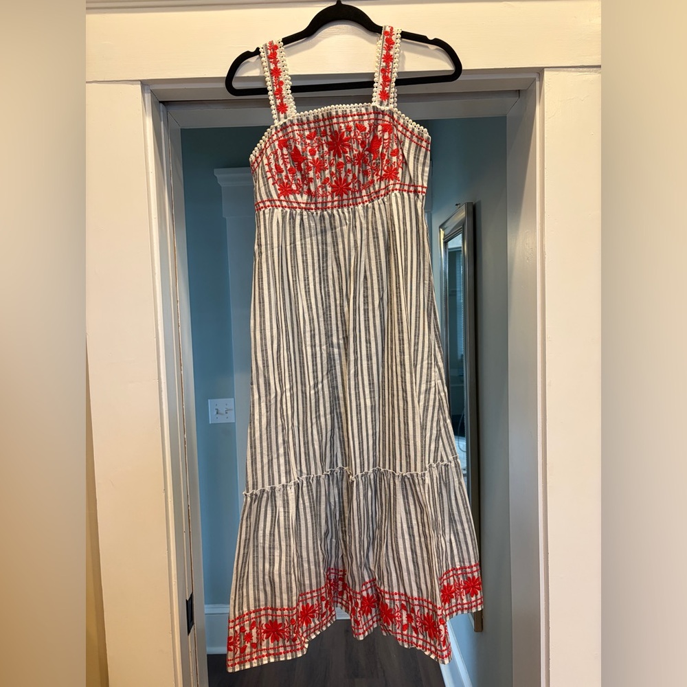 Kate Spade Striped Maxi Dress with Red Embroidery XXS